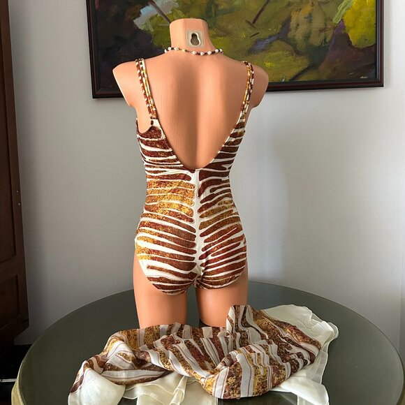 NWOT Maryan Mehlhorn Animal Print One-Piece Swimsuit + Silk Scarf Coverup, sz 12 - Picture 3 of 5